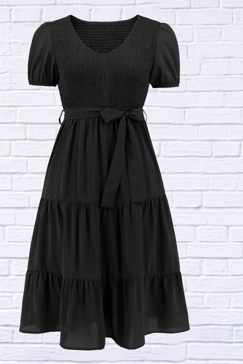 Smocked Tie Front Short Sleeve Tiered Dress