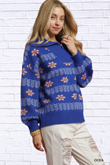 Umgee Floral Patterned Jacquard Quarter-Zip Pullover Sweater