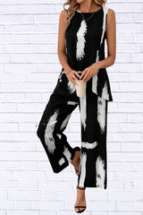 Abstract Print Sleeveless Top & Wide Leg Pants Set
