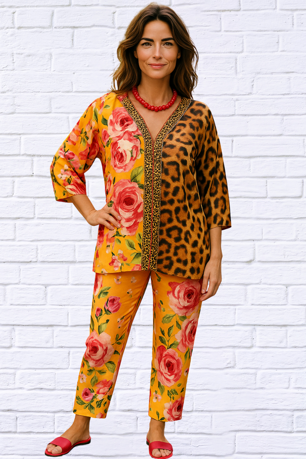 Demi Chiffon Combo Animal and Floral Blouse - Tangerine