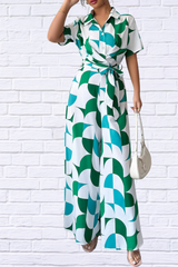 Geometric Print Belted Wide Leg Jumpsuit