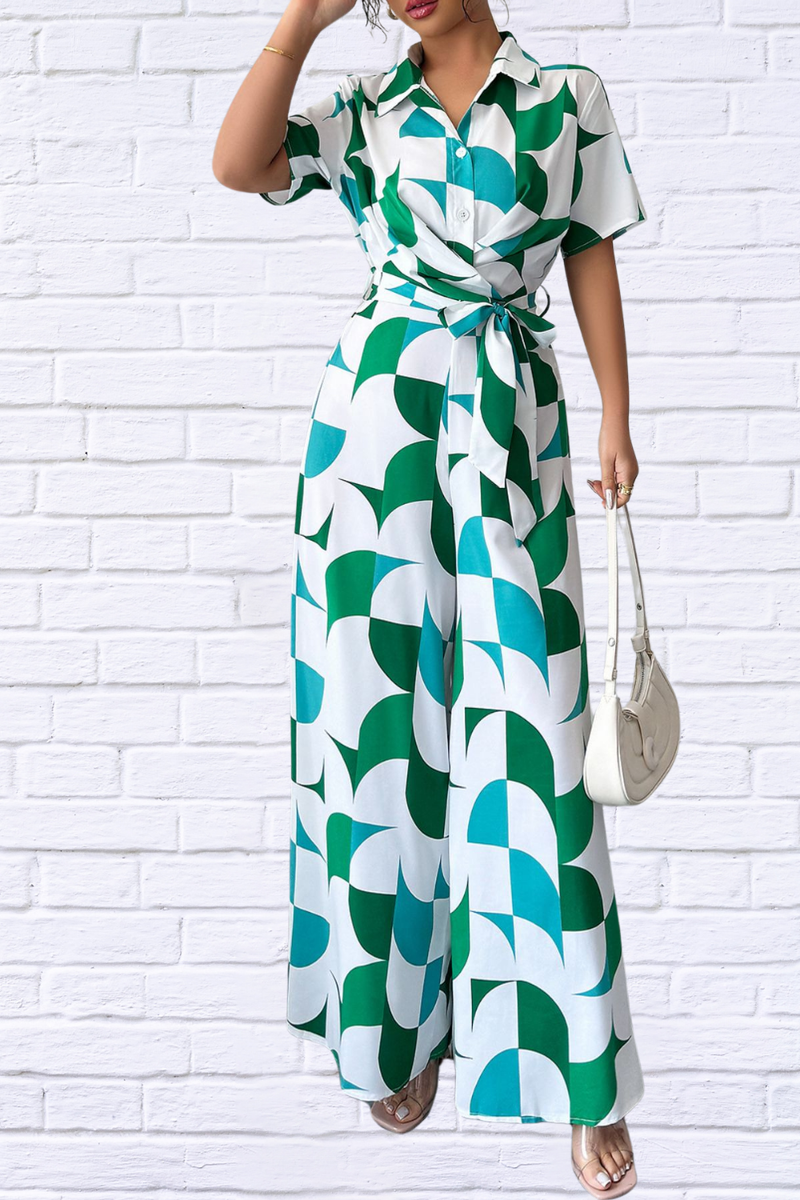 Geometric Print Belted Wide Leg Jumpsuit