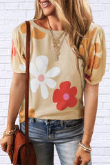 Flower Round Neck Short Sleeve Blouse