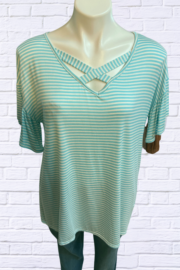 Criss Cross Neckline T Shirt - Turquoise/ White Stripe or Pink / White Stripe