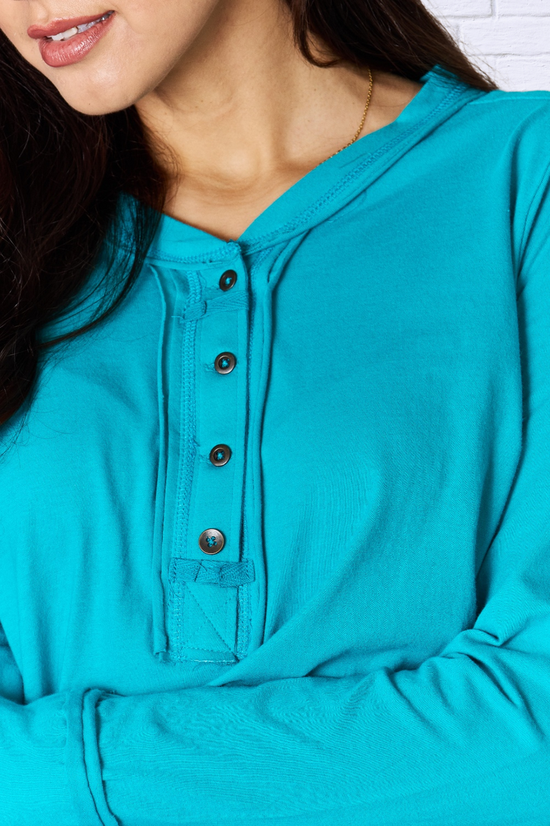Zenana Turquoise Exposed Seam Thumbhole Long Sleeve Top