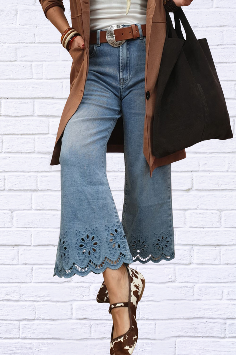 Lace Detail Cropped Wide Leg Jeans