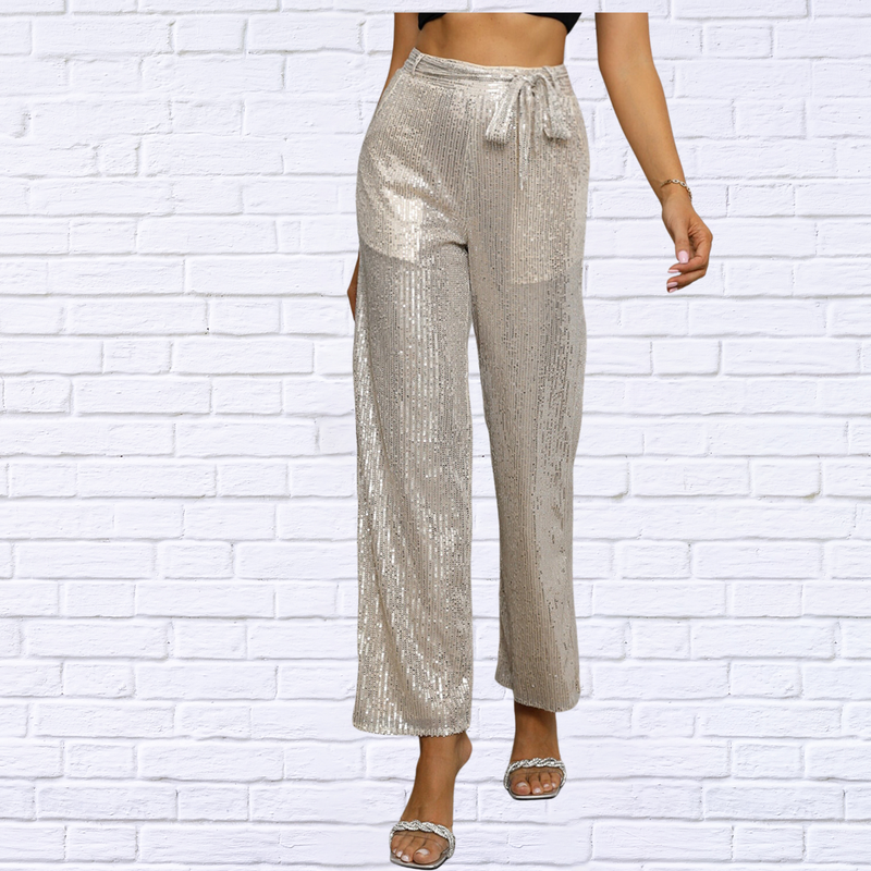 Sequin Tie Waist Straight Leg Pants