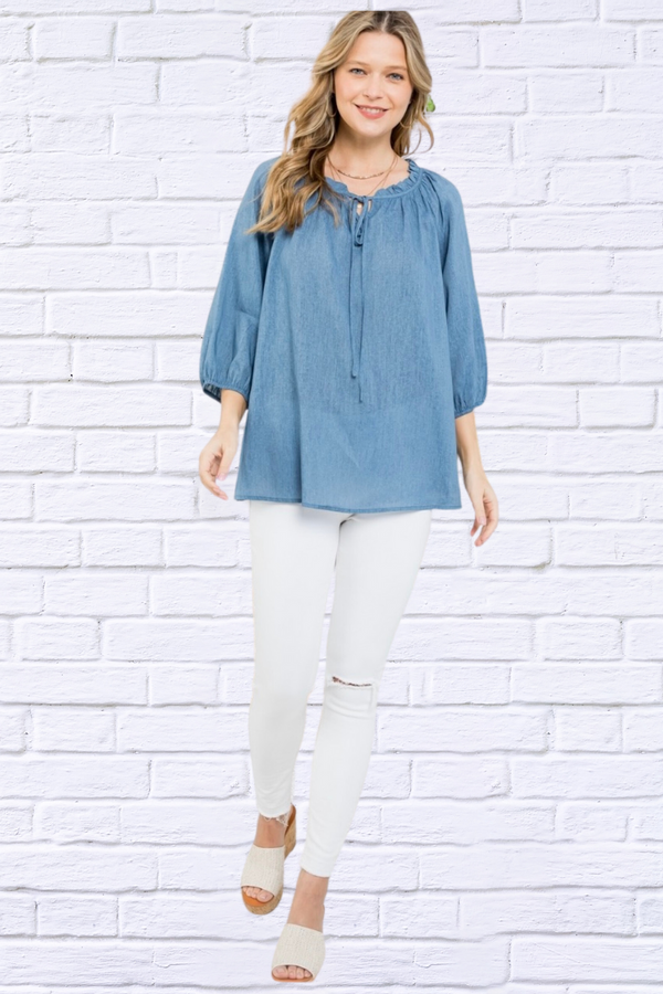 Blue Skies Solid Collared Blouse Top - Denim