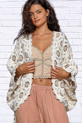 POL Openwork V-Neck Chenille Cardigan with Contrast Floral