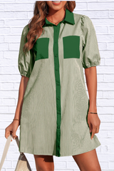 Stripe Color Block Patchwork Shirt Collar Button Down Puff Sleeve Mini Dress