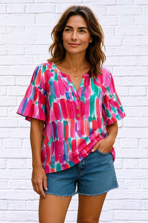 Printed Notched Half Sleeve Blouse