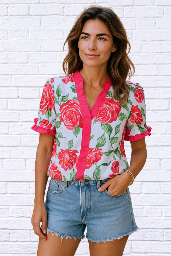 Floral Frilled V-Neck Short Sleeve Blouse