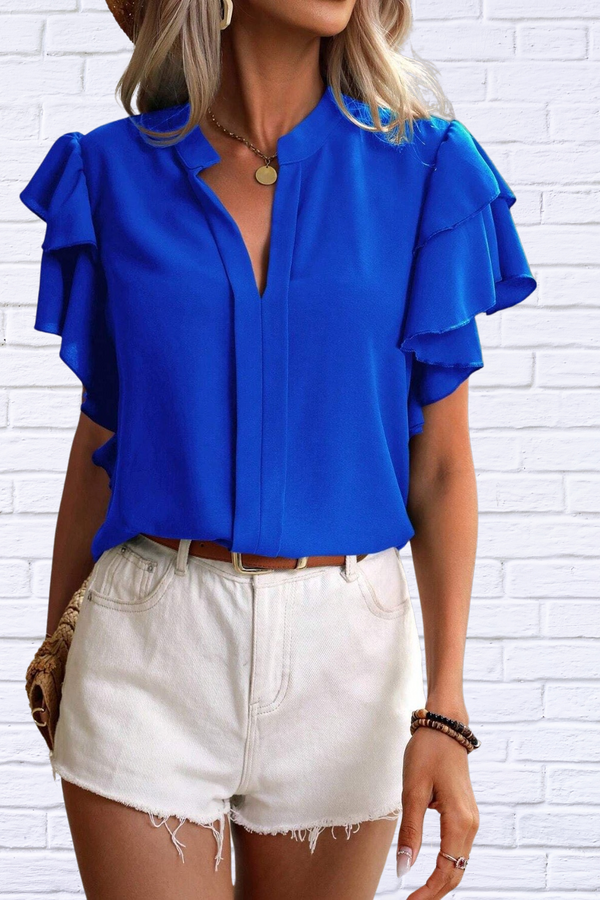 Ruffled Notched Short Sleeve Blouse