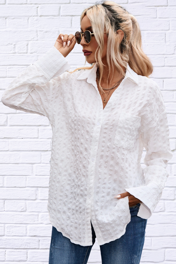 White Textured Button Up Woman's Shirt with Pocket