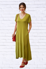 Women’s Soft Knit V-Neck Short Sleeve Maxi Dress with Pockets – Casual Summer Outfit