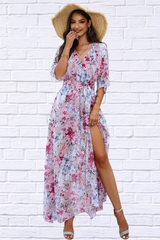 Printed Tied Half Sleeve Slit Dress