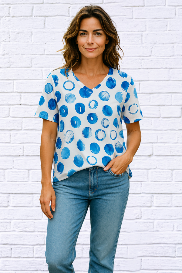 Women's  Polka Dot V-Neck Elbow Length Sleeve top