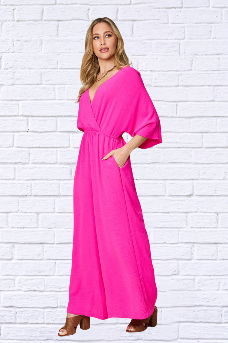 Double Take Full Size Surplice Wide Leg Jumpsuit with Pockets