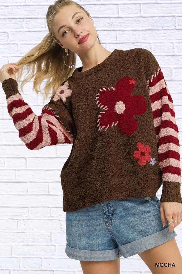 Flower Jacquard Striped Long Sleeve Sweater