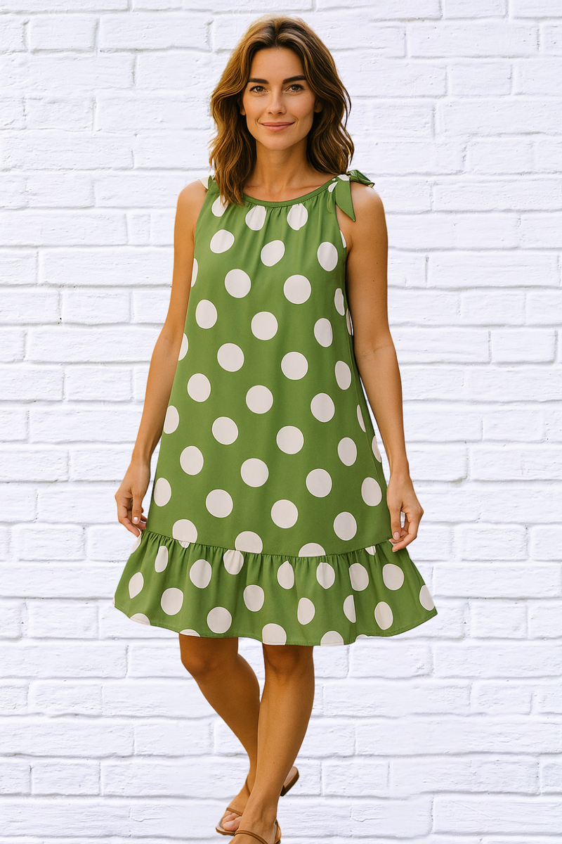 Tie Neck Gauged Trapeze Dress - GREEN POLKA DOT - | Diva USA Tie Neck Gauged Trapeze Dress - GREEN POLKA DOT - | Diva USA