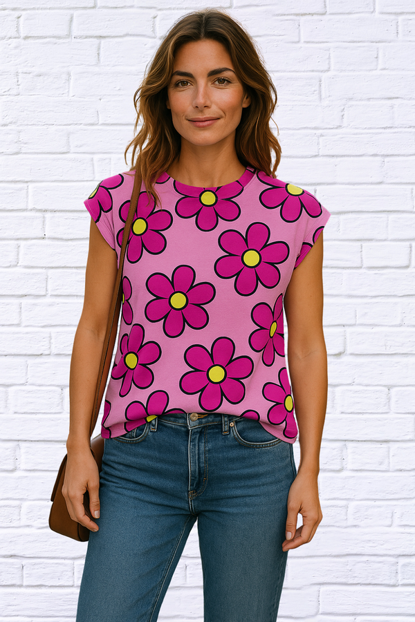 Aurora Printed Round Neck Cap Sleeve T-Shirt