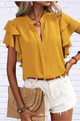 Ruffled Notched Short Sleeve Blouse