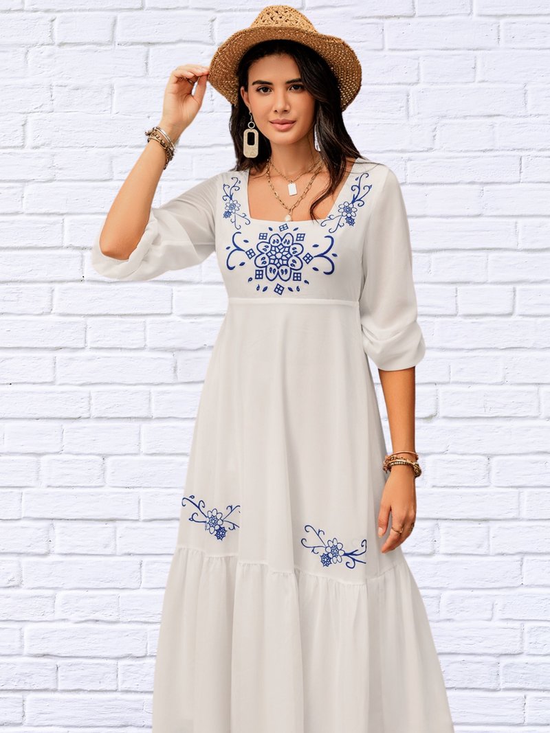 Skylo Printed Square Neck Balloon Sleeve Dress