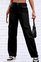 Buttoned Knee Pockets Loose Fit Jeans