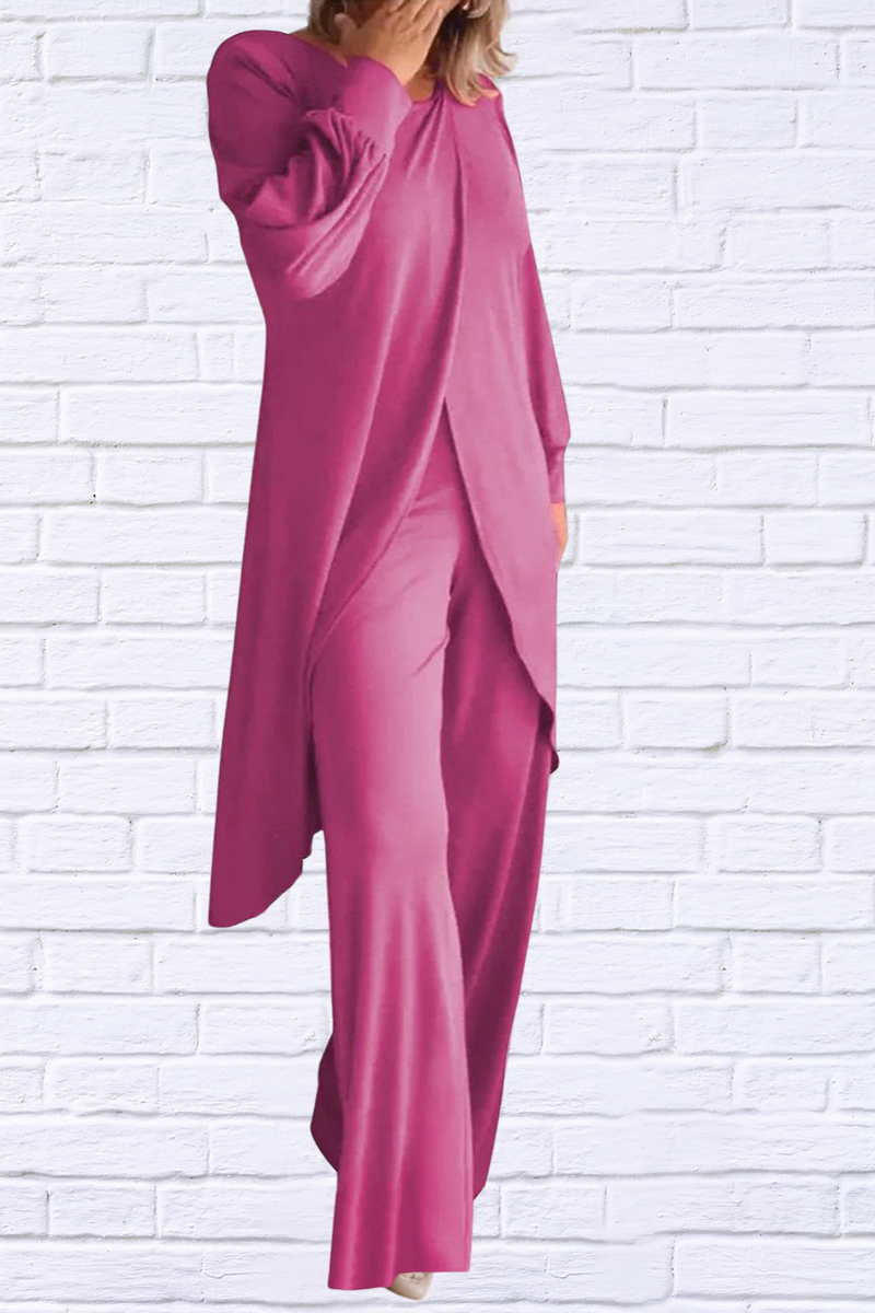 Full Size Slit Round Neck Long Sleeve Top and Pants Set