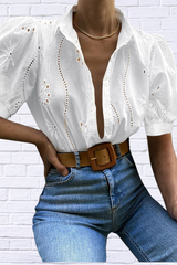 Eyelet Puff Sleeve Button-Up Shirt