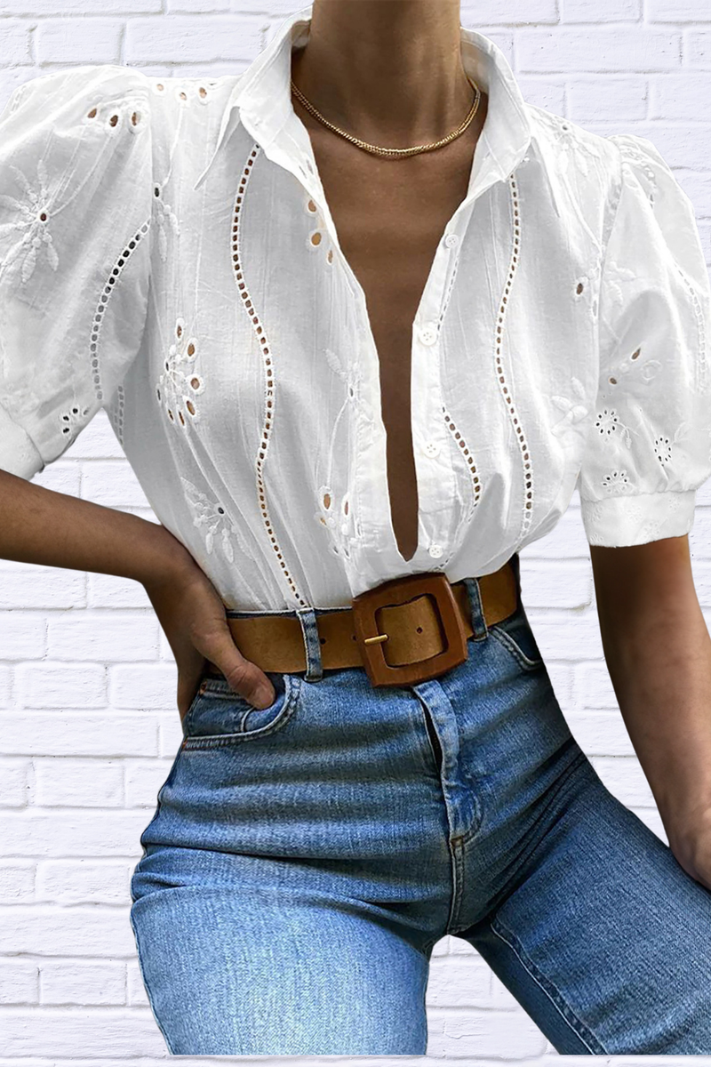 Eyelet Puff Sleeve Button-Up Shirt