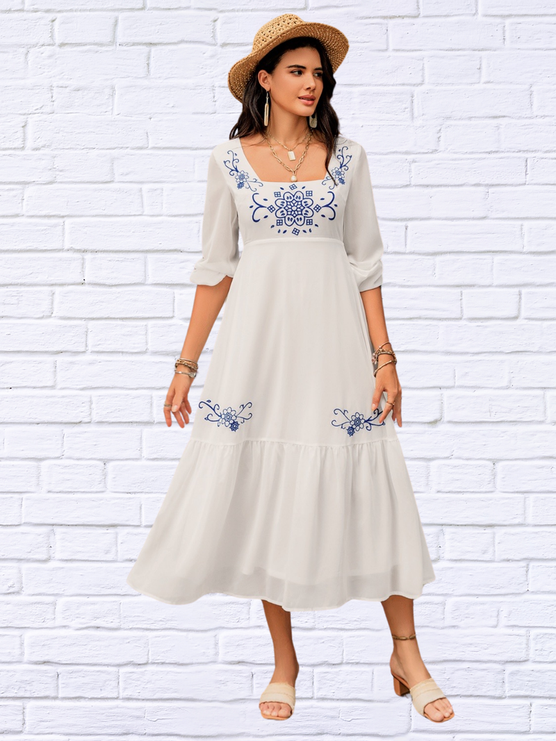 Skylo Printed Square Neck Balloon Sleeve Dress