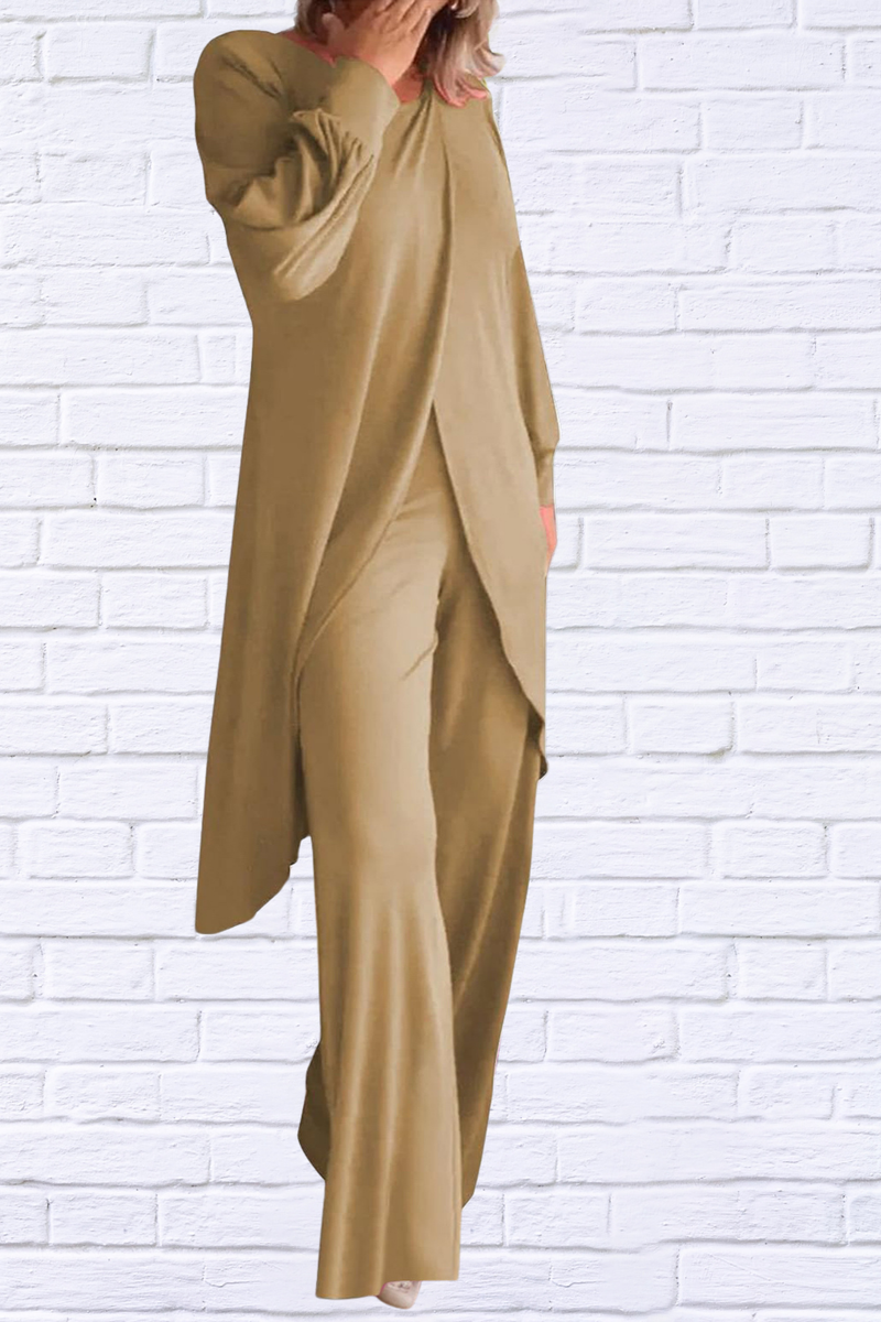 Full Size Slit Round Neck Long Sleeve Top and Pants Set