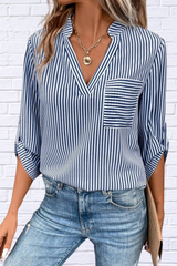 Striped Notched Roll-Tab Sleeve Shirt