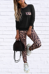 Round Neck Top and Leopard Pants Set – Women’s Two-Piece Casual Chic Outfit for Everyday Style