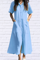 Button Front Short Sleeve Midi Dress
