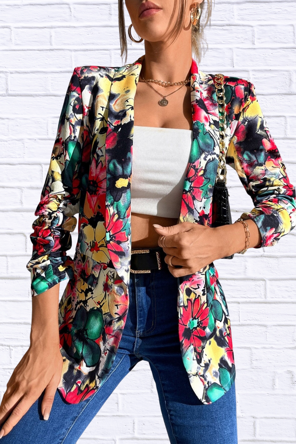 Vibrant Floral Print Open Front Blazer