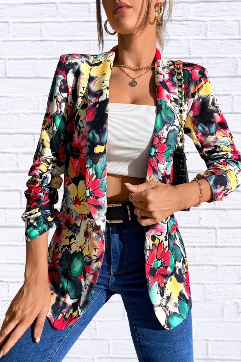 Vibrant Floral Print Open Front Blazer