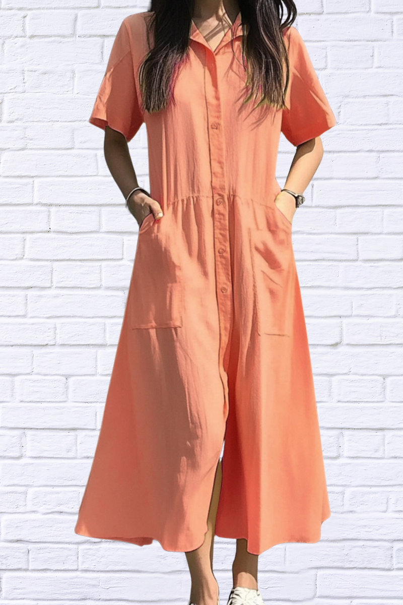 Button Front Short Sleeve Midi Dress