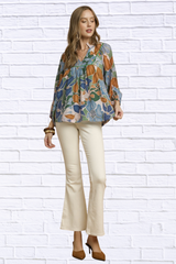 Multicolor Abstract Floral Print Blouse with Ruffle Neck