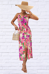 Printed Spaghetti Strap Front Slit Dress