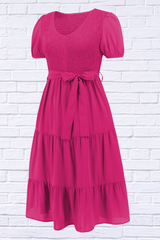 Smocked Tie Front Short Sleeve Tiered Dress