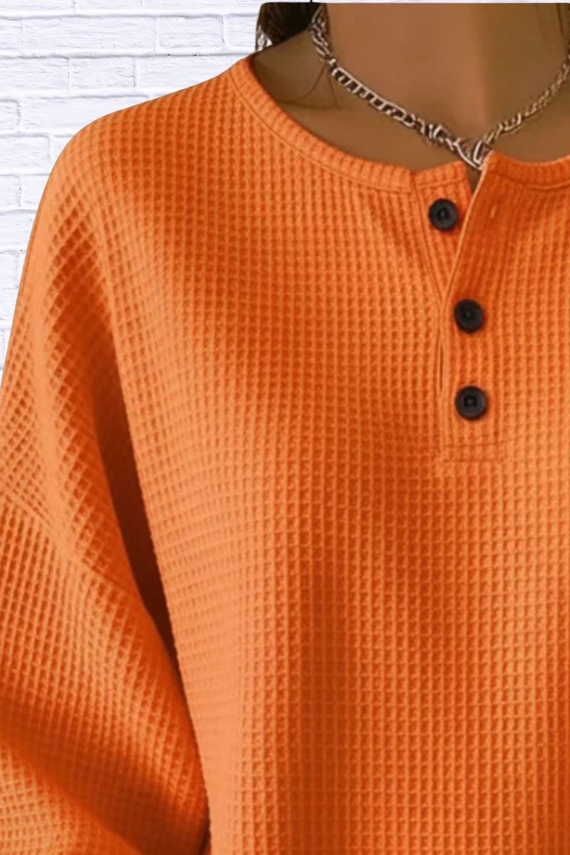 Full Size Waffle Knit Button Detail Top Plus Size