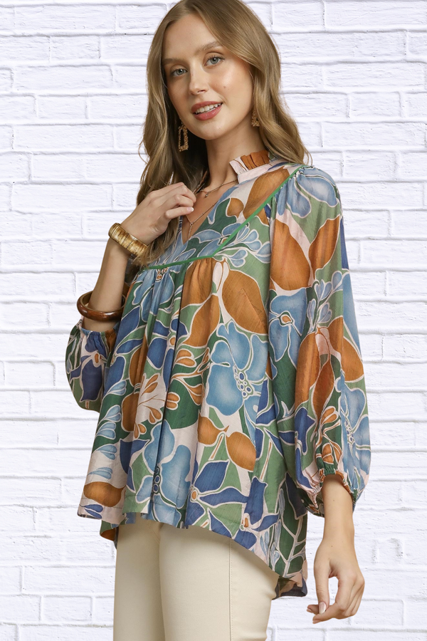 Multicolor Abstract Floral Print Blouse with Ruffle Neck