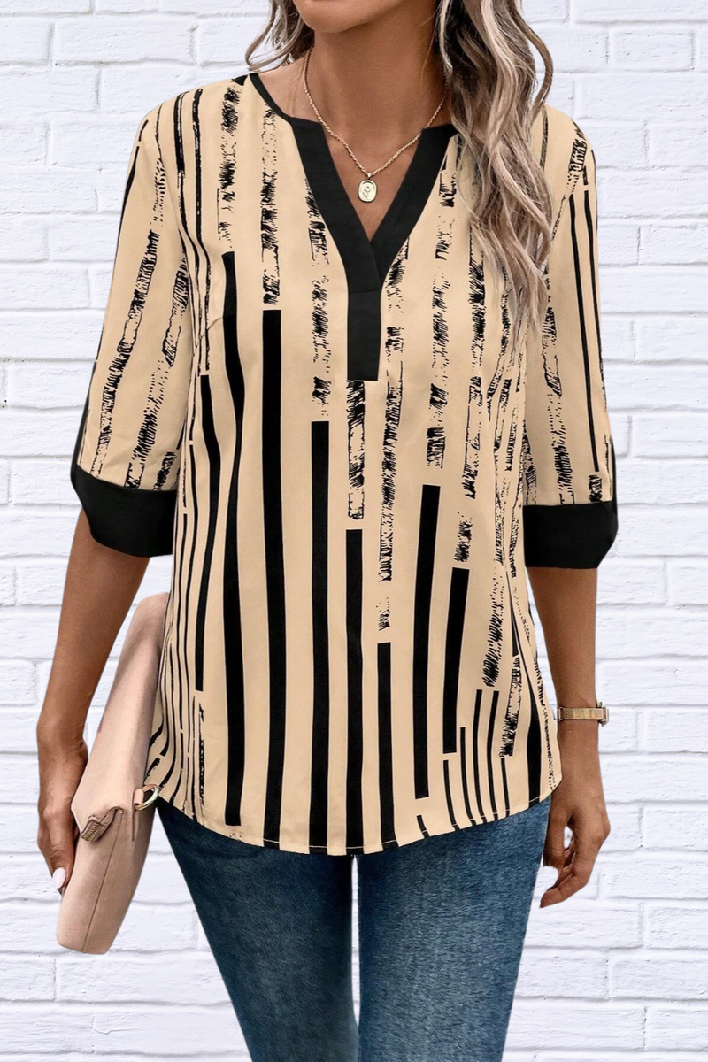 Striped Notched Half Sleeve Blouse
