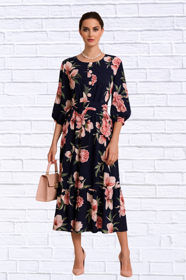 🌸 Navy Floral Midi Dress with Belt and Side Pockets