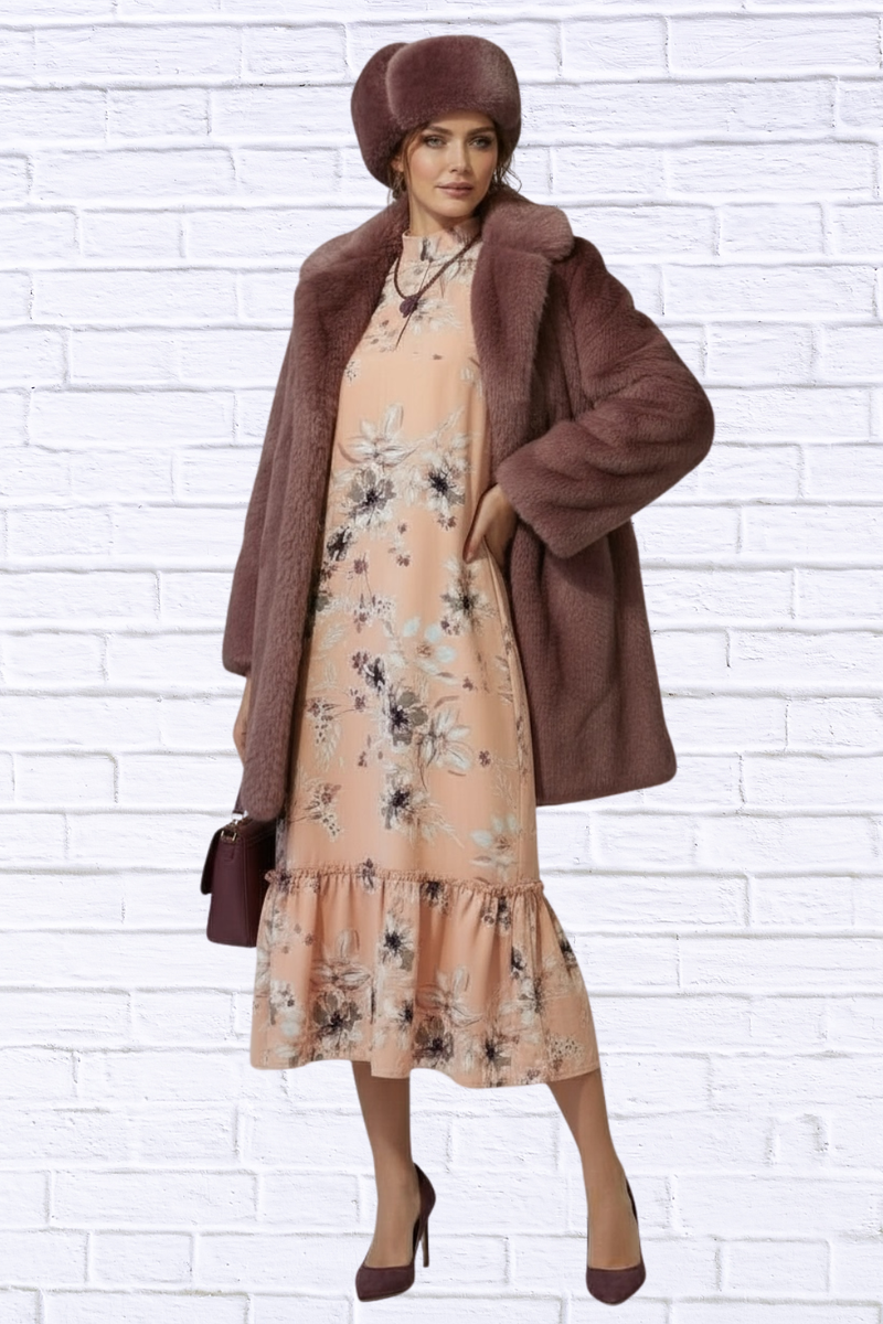 Peach Floral Ruffle Hem Midi Dress with 3/4 Sleeve 34 / Soft Melon with A Touch of Plum Peach Floral Ruffle Hem Midi Dress with 3/4 Sleeve 34 / Soft Melon with A Touch of Plum