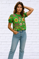 Vibrant Floral Puff Sleeve Blouse – Green