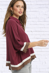 Burgundy Colorblock Button-Down Shirt with Scallop Hem