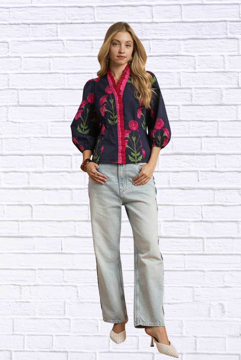 🌸 Floral Print Ruffle Trim Puff Sleeve Blouse
